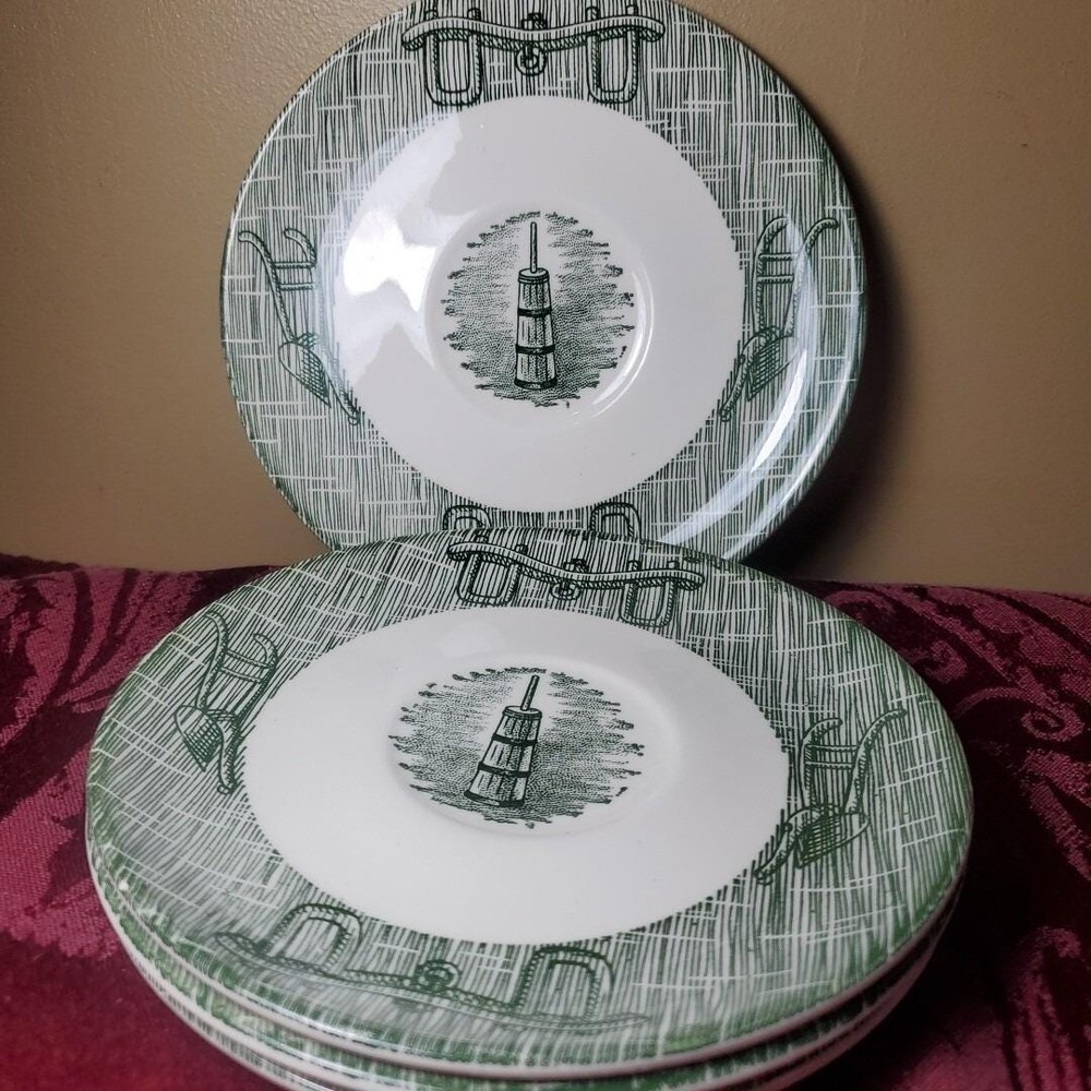 Currier & Ives 6" Bread & Butter Plate Set 4 Green Yoke & Plow Vintage 1950s USA